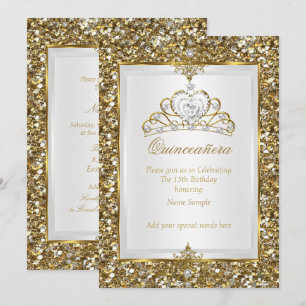 Invitación Tiara de perla blanca con brillo dorado para quinc