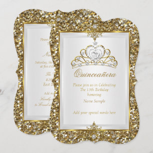 Invitación Tiara de perla blanca con brillo dorado para quinc
