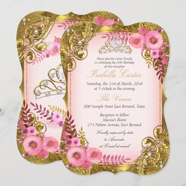 Invitación Tiara de perlas blancas y florales rosadas de cump (Anverso / Reverso)