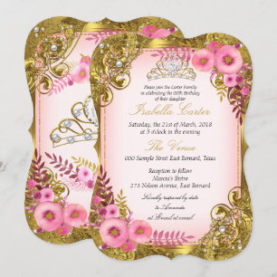 Invitación Tiara de perlas blancas y florales rosadas de cump
