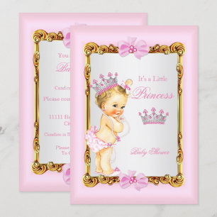 Invitación Tiara de perlas rosadas doradas para baby shower d