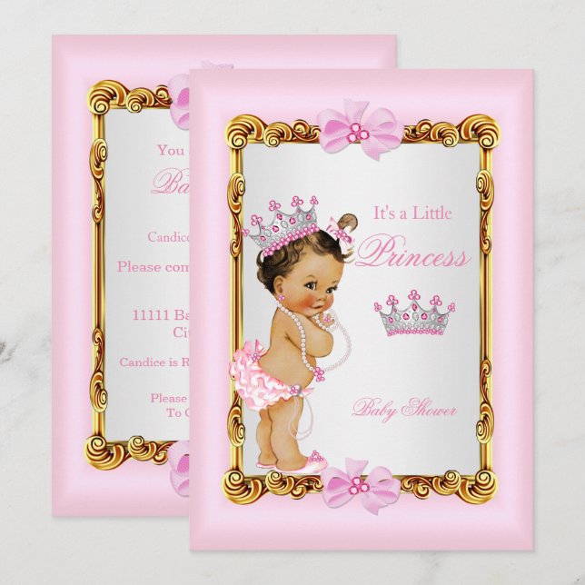 Invitación Tiara de Perlas Rosadas Doradas para Baby Shower d (Anverso / Reverso)