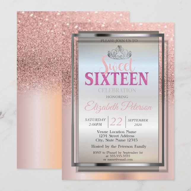 Invitación Tiara de plata, brillo de oro rosa Sweet 16 Party (Anverso / Reverso)