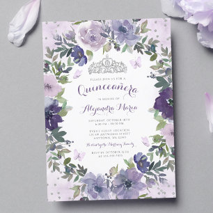 Invitación Tiara de plata con mariposa floral púrpura Quincea