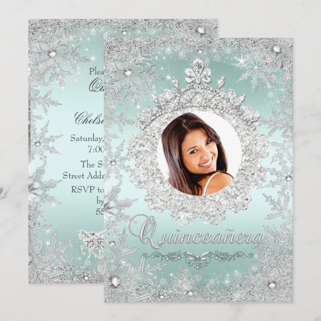 Invitación Tiara de plata de menta copo de nieve brillo Quinc (Anverso / Reverso)