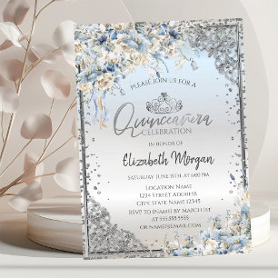 Invitación Tiara de plata, flores azules y diamantes Quinceañ