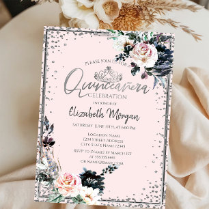 Invitación Tiara de Plata, Marco de Diamante Flores Blancas