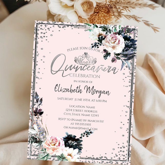 Invitación Tiara de Plata, Marco de Diamante Flores Blancas (Subido por el creador)