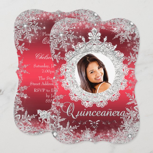Invitación Tiara de plata roja copo de nieve brillo Quinceañe (Anverso / Reverso)