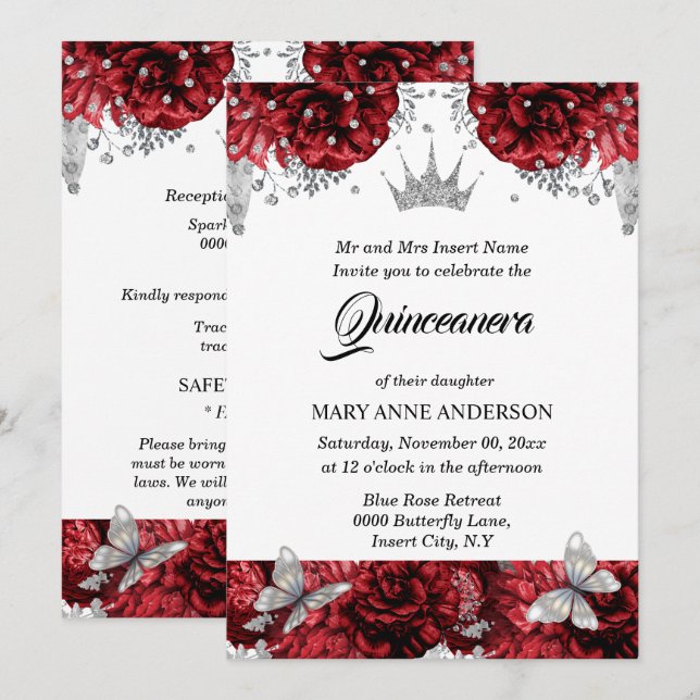 Invitación Tiara de plata roja rosa azul quinceanera (Anverso / Reverso)