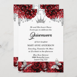 Invitación Tiara de plata roja rosa azul quinceanera