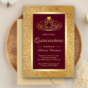 Invitación Tiara de Princesa Brillo Dorado Burgundy Quinceañe