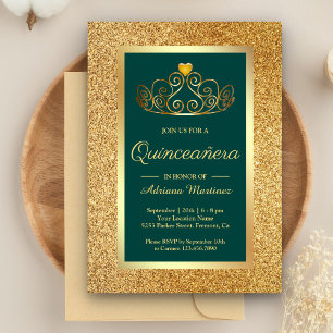 Invitación Tiara de Princesa Brillo Dorado Quinceañera Turque