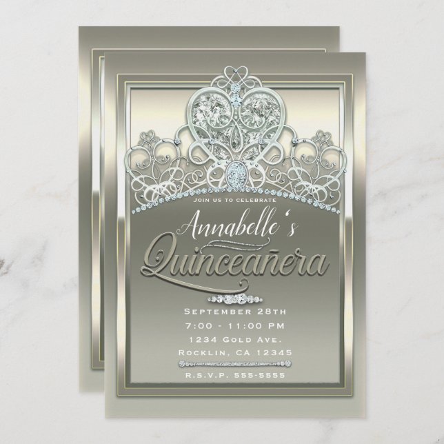 Invitación Tiara de Princesa de Marfil Platino Quinceañera (Anverso / Reverso)