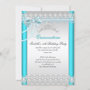 Invitación Tiara de Princesa Quinceañera de Encaje Azul Turqu
