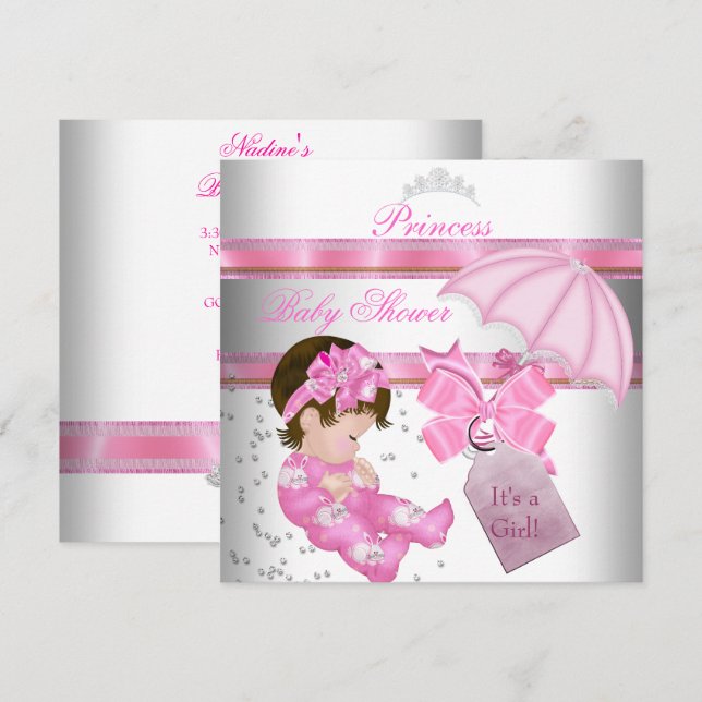 Invitación Tiara de Princesa Rosa Blanca para Baby Shower de  (Anverso / Reverso)