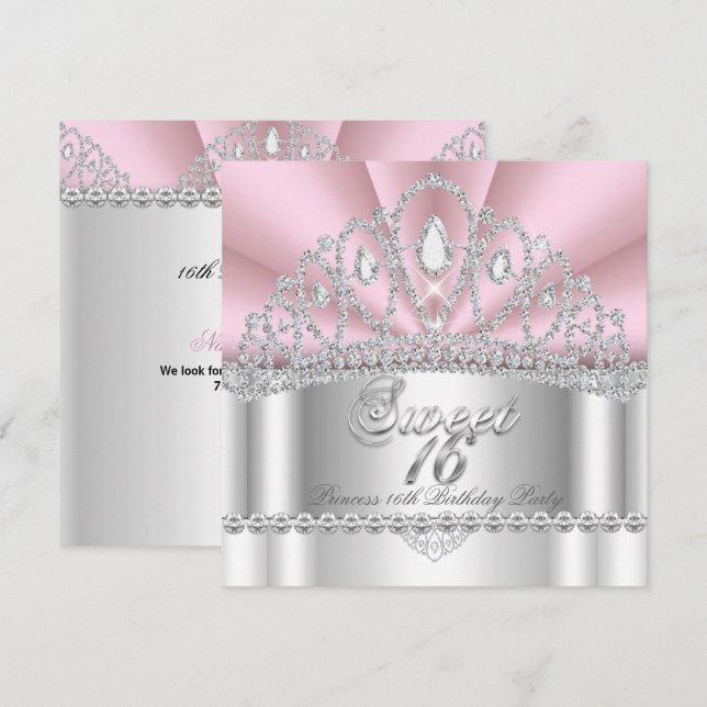 Invitación Tiara de Princesa Sweet 16 Rosa con Diamantes Blan (Anverso / Reverso)