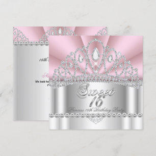 Invitación Tiara de Princesa Sweet 16 Rosa con Diamantes Blan