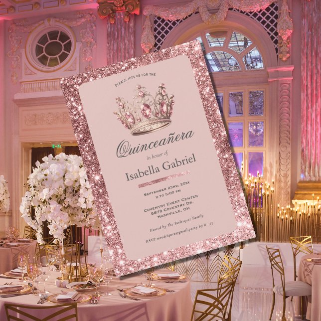 Invitación Tiara de Purpurina Besos Rosa Quinceañera Elegante (Subido por el creador)