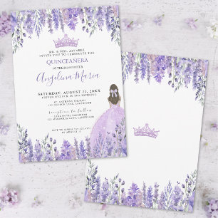Invitación Tiara de purpurina de lila púrpura floral Quinceañ