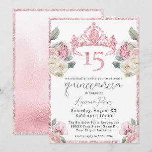 Invitación Tiara de purpurina de rosas rosadas y blancas Quin