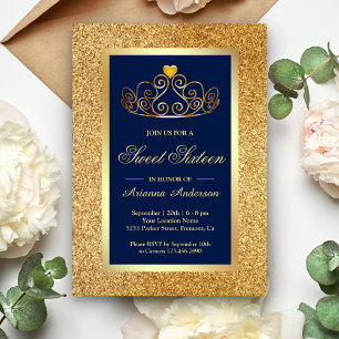 Invitación Tiara de Purpurina Dorada Princesa Azul Sweet Sixt