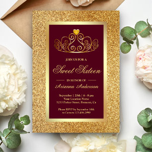 Invitación Tiara de Purpurina Dorada Princesa Borgoña Cumplea