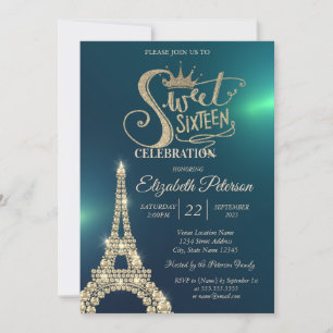 Invitación Tiara de purpurina dorada, Torre Eiffel de diamant