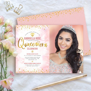 Invitación Tiara de purpurina dorada y rosa pálido para Quinc