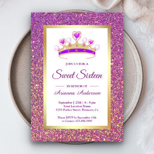 Invitación Tiara de Purpurina Morada Princesa Sweet Sixteen