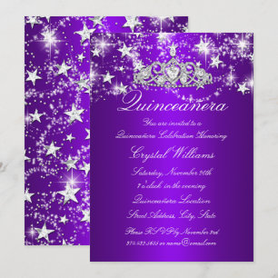 Invitación Tiara de Purpurina Morada y Estrellas Quinceañera