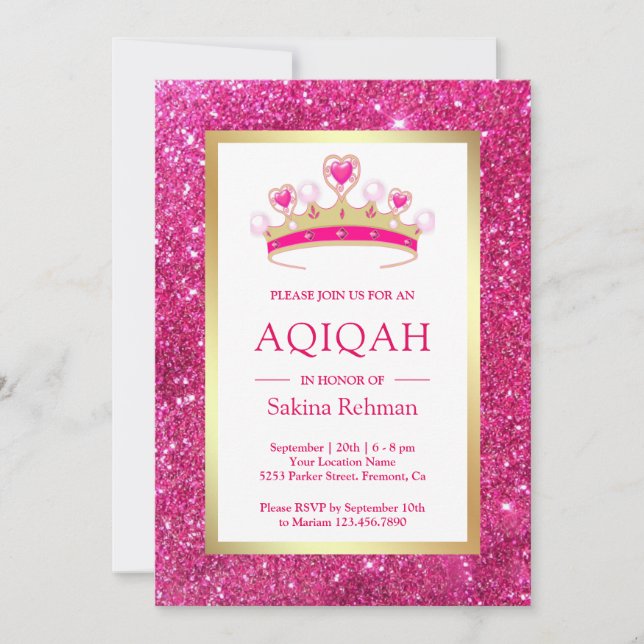 Invitación Tiara de Purpurina Rosa Brillante Princesa Aqiqah (Anverso)