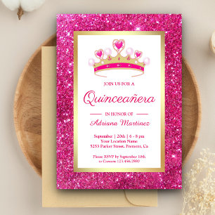 Invitación Tiara de purpurina rosa brillante Princesa Quincea
