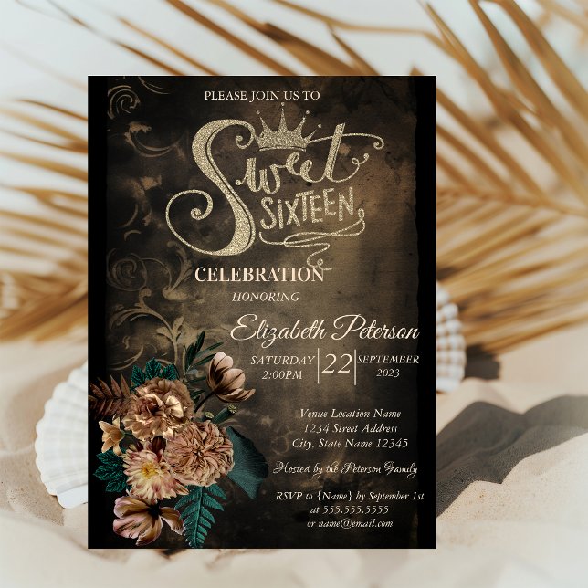 Invitación Tiara de purpurina Rosas marrones Gothic Sweet 16 (Subido por el creador)
