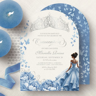 Invitación Tiara de quinceañera de mariposas de flores azul c