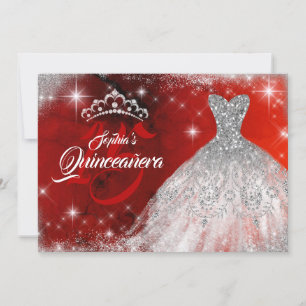 Invitación Tiara de Quinceañera de Vestido de Encaje Rojo Pla