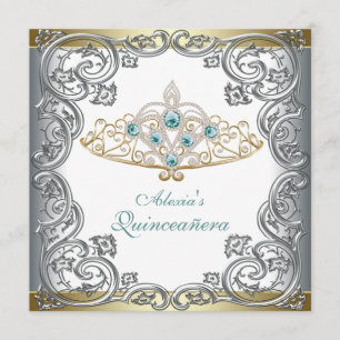 Invitación Tiara de Quinceañera Dorada Plateada y Verde Agua