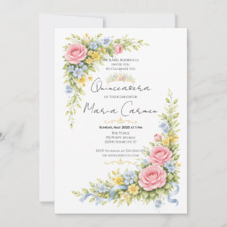 Invitación Tiara de Quinceañera femenina de acuarela floral