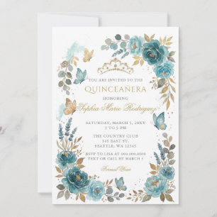 Invitación Tiara de quinceañera floral mariposa azul dorado