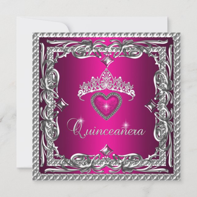Invitación Tiara de quinceañera Glitter Rosa Plata 15 (Anverso)