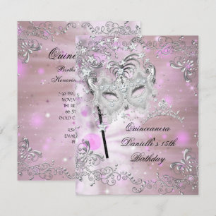 Invitación Tiara de Quinceañera Rosa Cumpleaños 15 Mascarada