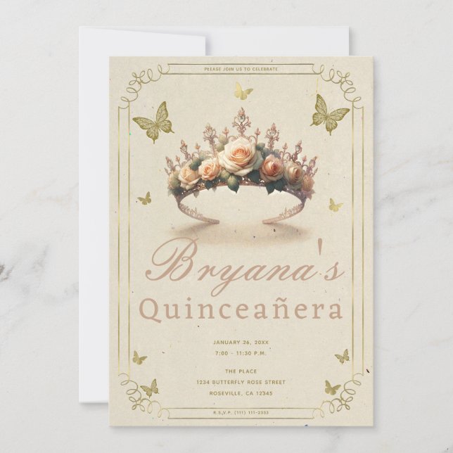 Invitación Tiara de Rosa Floral y Mariposas Doradas Quinceañe (Anverso)