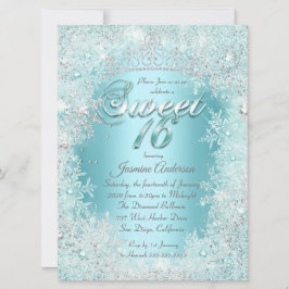 Invitación Tiara de Sweet 16 azul turquesa plateado Invierno 
