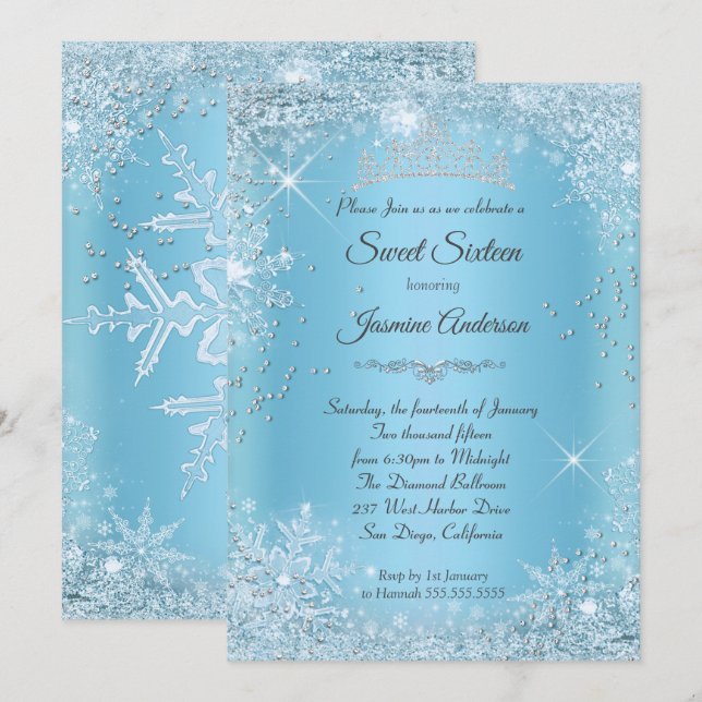 Invitación Tiara de Sweet 16 de invierno mágico Blue Silver (Anverso / Reverso)