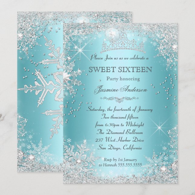 Invitación Tiara de Sweet 16 de Teal Silver Winter Wonderland (Anverso / Reverso)