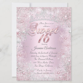 Invitación Tiara de Sweet 16 Rosa Plateado Invierno Mágico