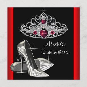 Invitación Tiara de tacones altos Rojo Negro Quinceañera