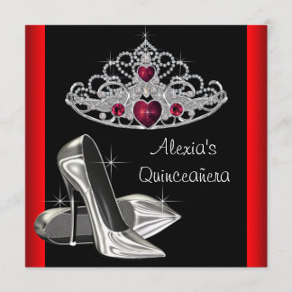 Invitación Tiara de tacones altos Rojo Negro Quinceañera