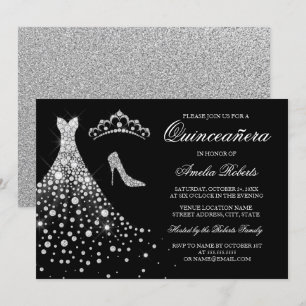 Invitación Tiara de vestido de diamante negro plateado Quince