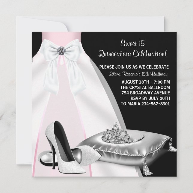 Invitación Tiara de vestido de fiesta rosa negro Quinceañera (Anverso)